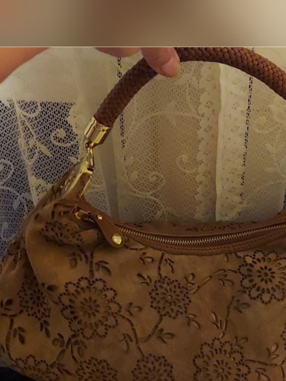 COLE HAAN H06 Collection Brown Suede Lazer Preforated Floral Motif Hobo Bag - Picture 2 of 14